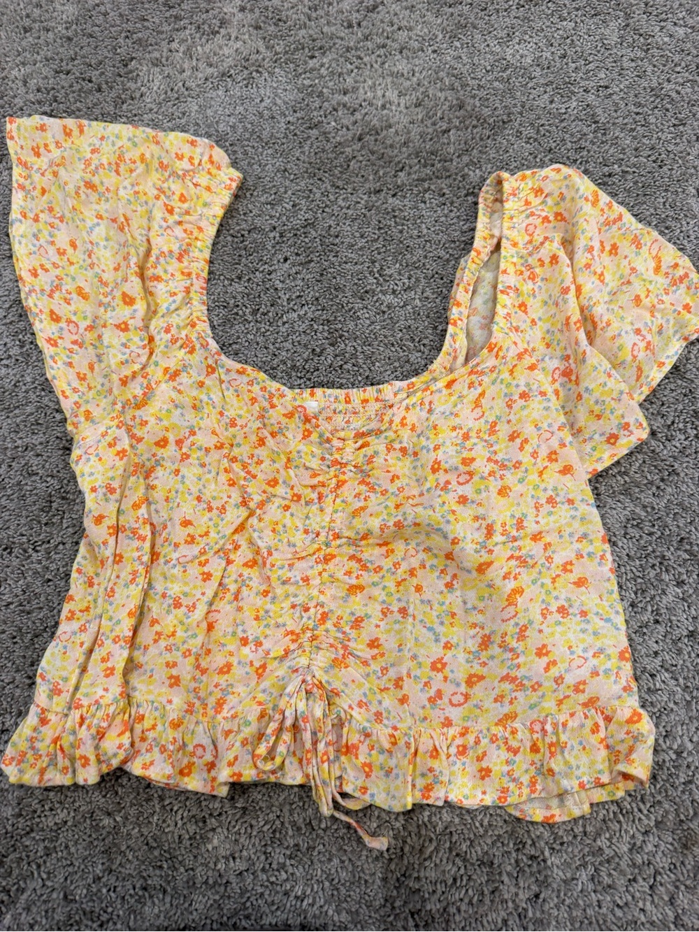bp Yellow Floral Ruched Tie-Front Crop Top